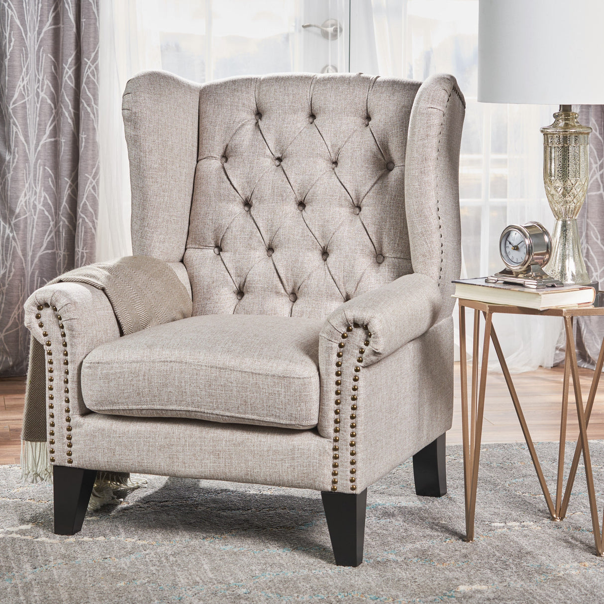 Laird Winged Tufted Studded Fabric Club Chair by Christopher Knight Home