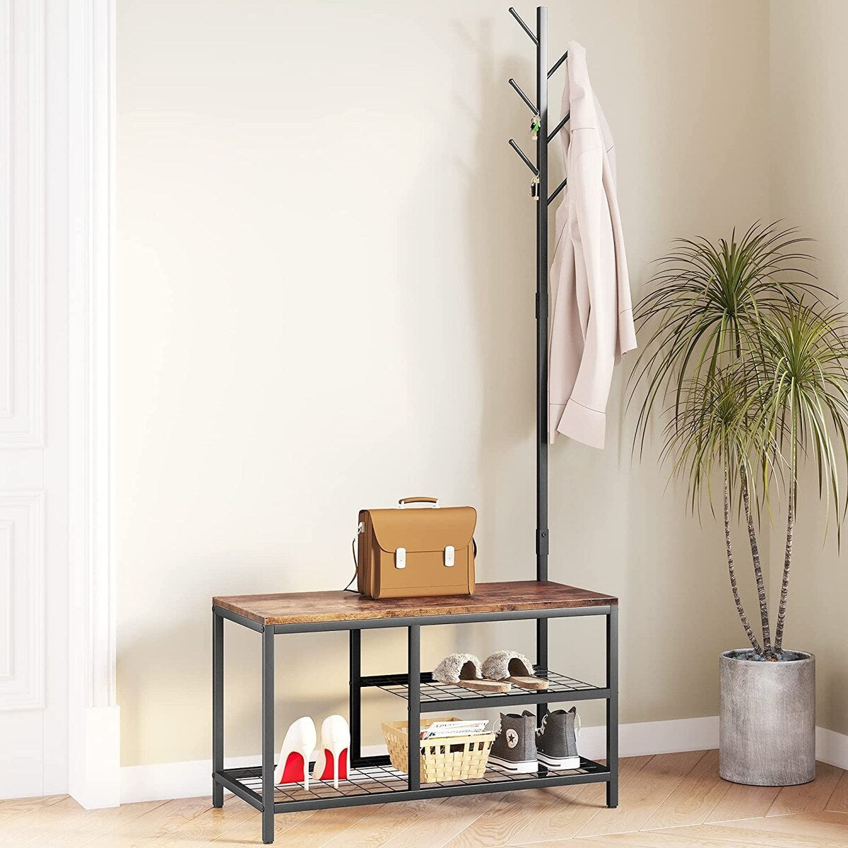 Lakyah Wood 3-in-1 Standing Hall Tree Coat Rack with Bench Rustic Brown