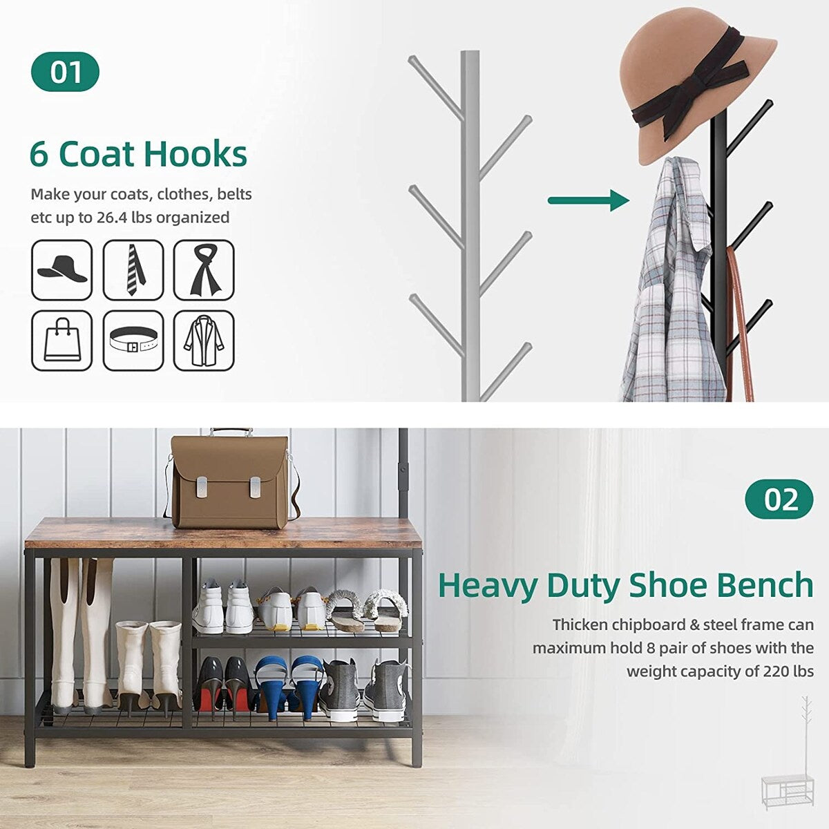 Lakyah Wood 3-in-1 Standing Hall Tree Coat Rack with Bench Rustic Brown