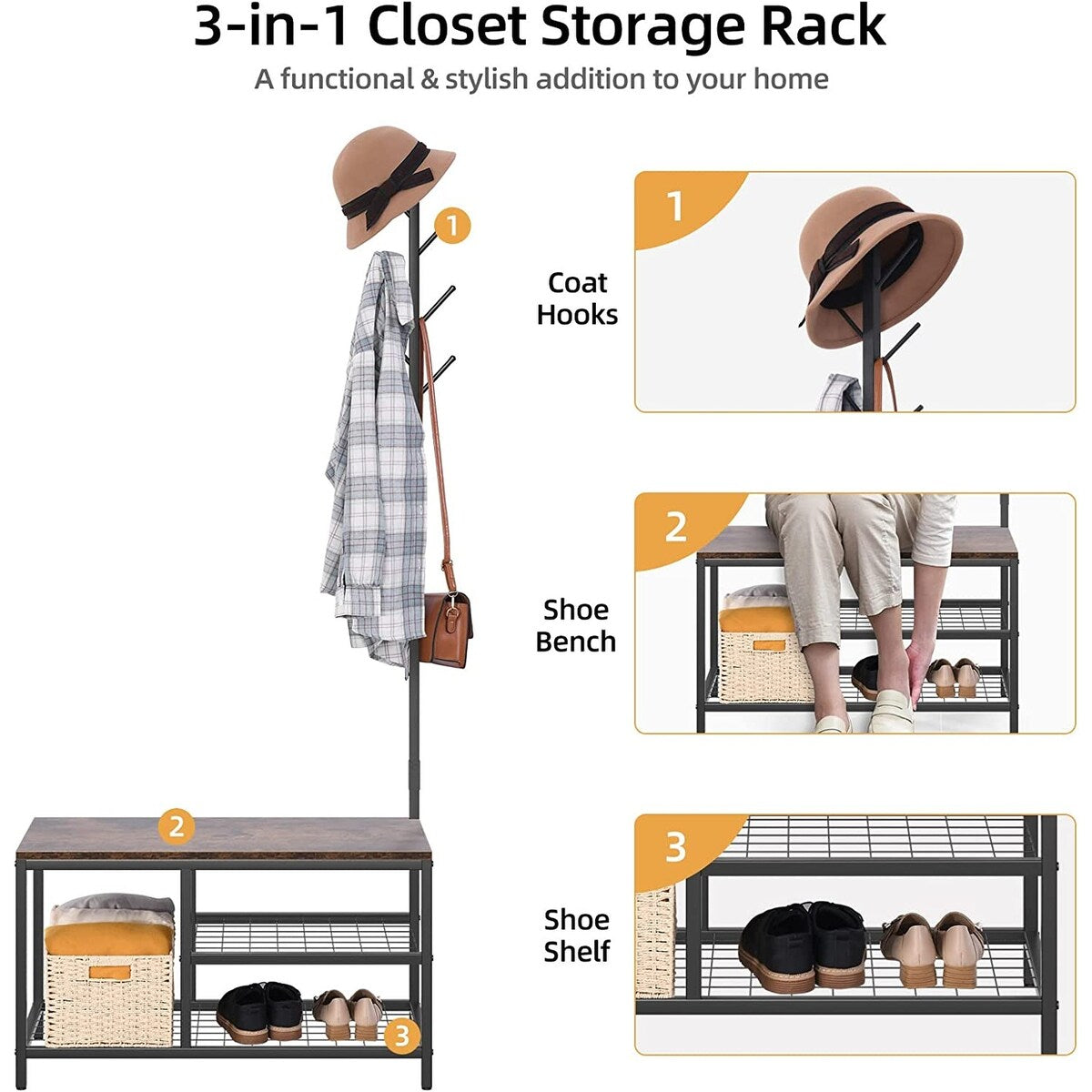 Lakyah Wood 3-in-1 Standing Hall Tree Coat Rack with Bench Rustic Brown