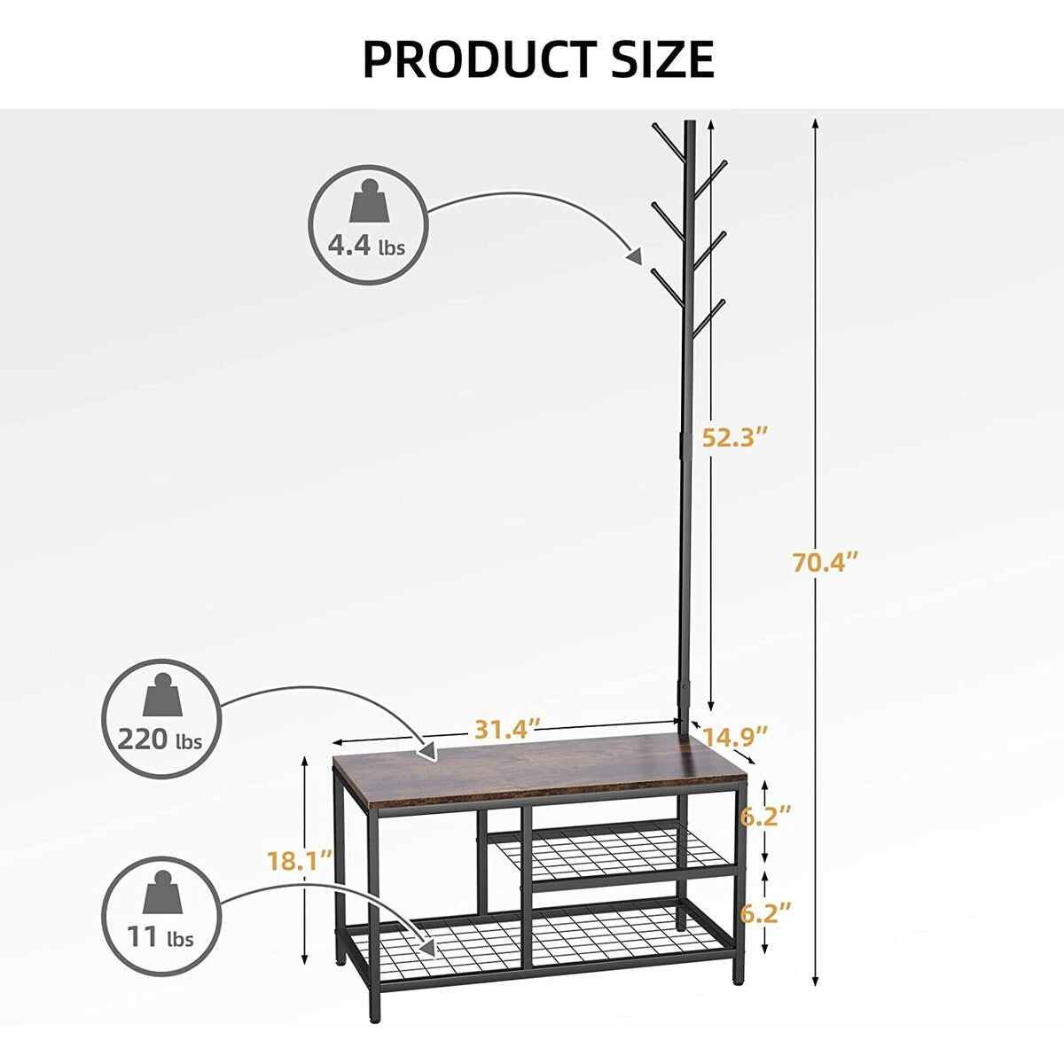 Lakyah Wood 3-in-1 Standing Hall Tree Coat Rack with Bench Rustic Brown