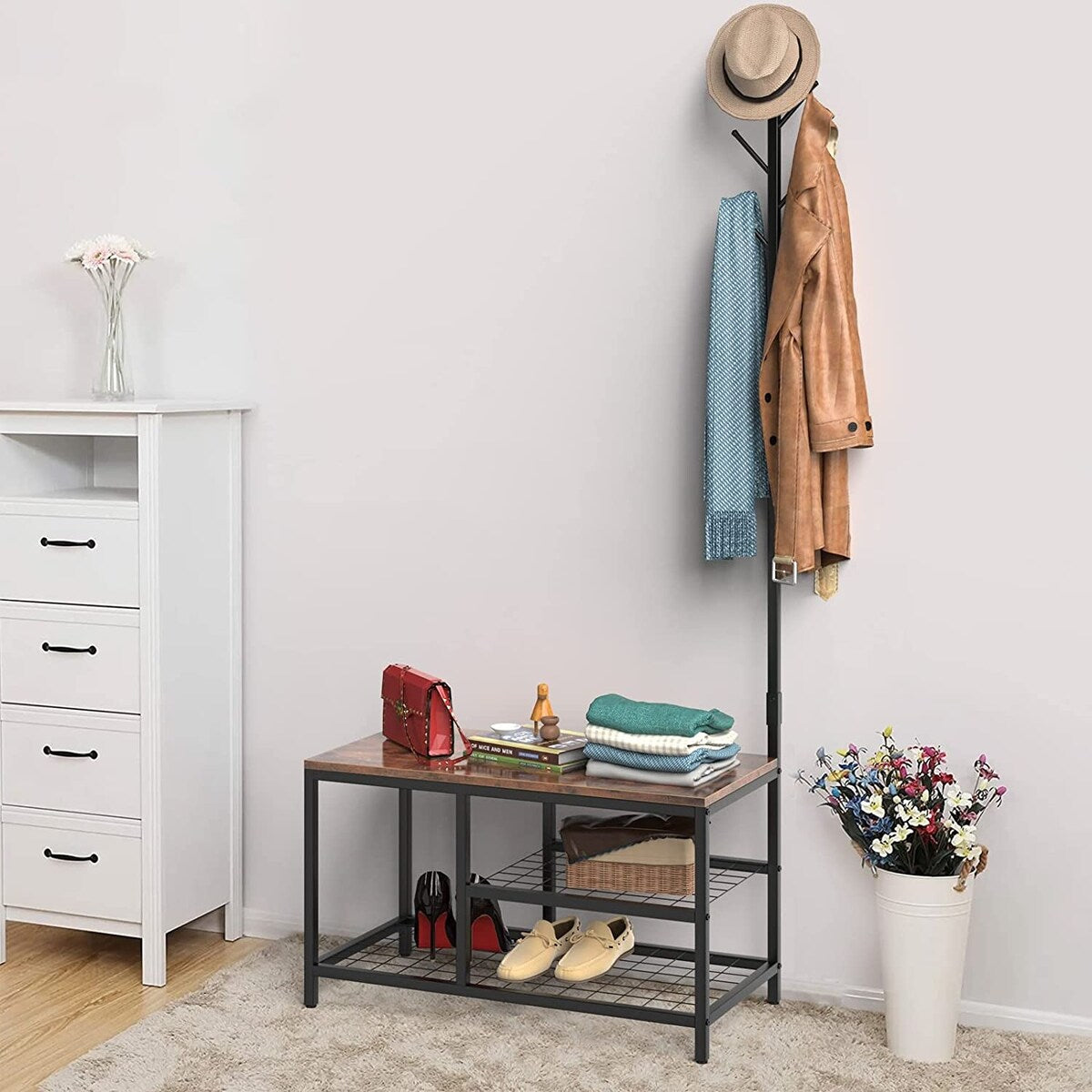 Lakyah Wood 3-in-1 Standing Hall Tree Coat Rack with Bench Rustic Brown