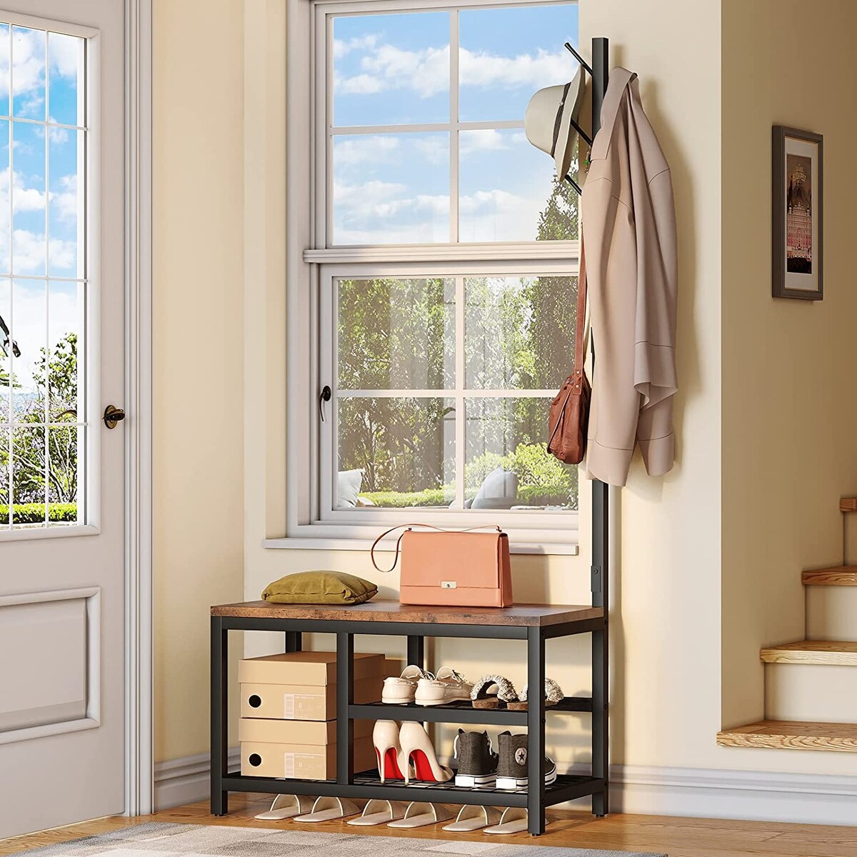 Lakyah Wood 3-in-1 Standing Hall Tree Coat Rack with Bench Rustic Brown