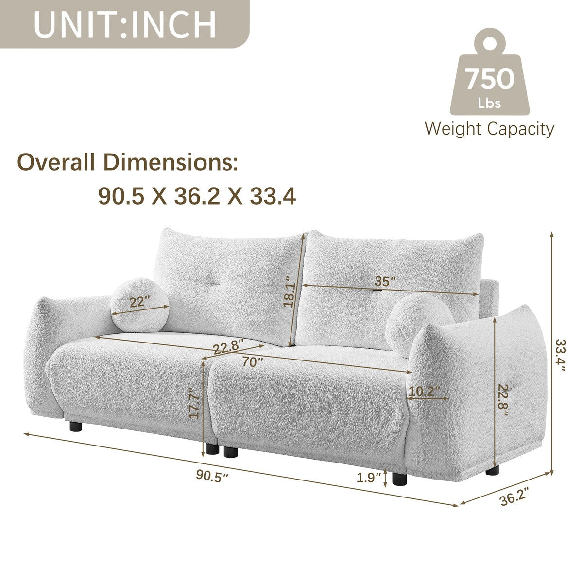 Lamb's Wool 2-seater Cushion Sofa Loveseats with 2 Cushions and 2 Ball Pillows, Beige