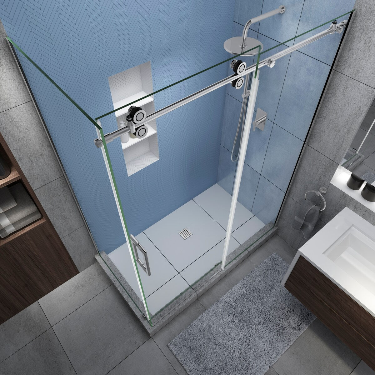 Langham XL 48-52 in. x 34 in. x 80 in. Frameless Sliding Shower Enclosure, StarCast Clear Glass in Polished Chrome, Left