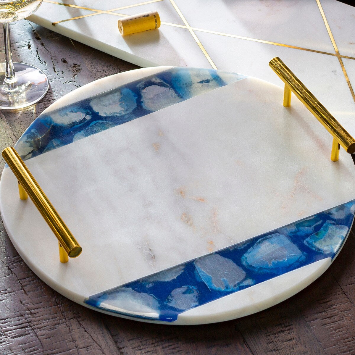 Lanna Blue Agate & Marble 14-inch Round Accent Tray - 14" x 14" x 2.1"