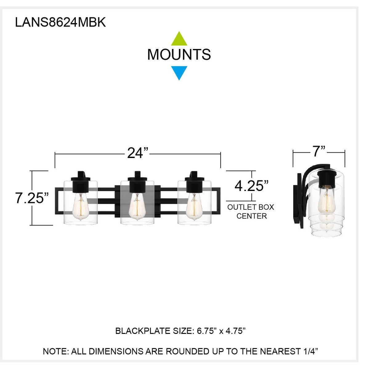 Lansdowne 3-Light Matte Black Vanity Light