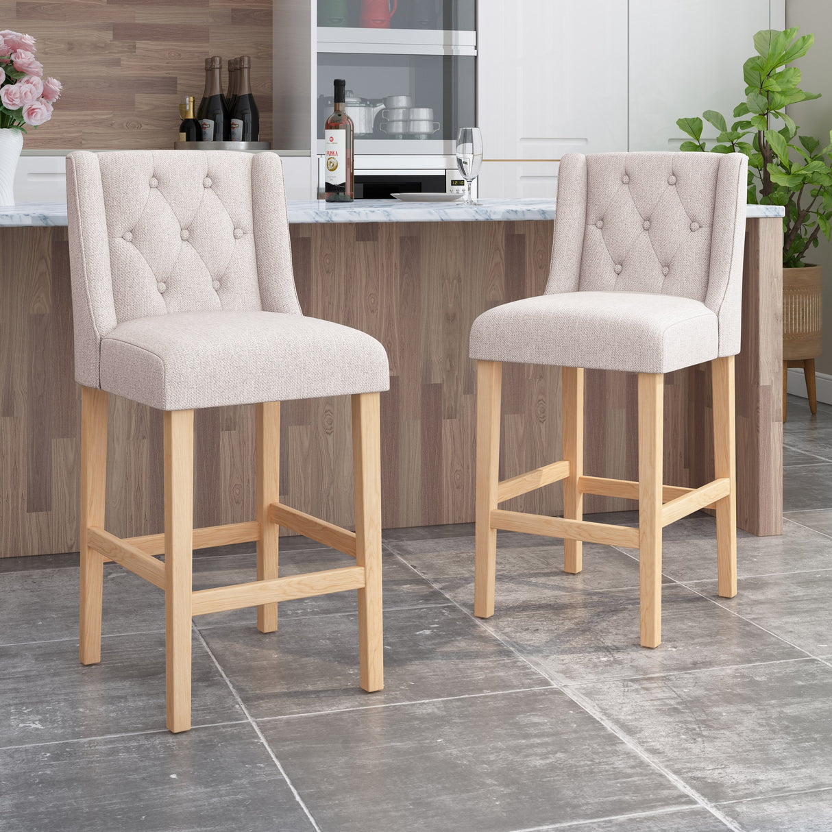 Lansglen Button Tufted Fabric Wingback Bar Stool (Set of 2) by Christopher Knight Home