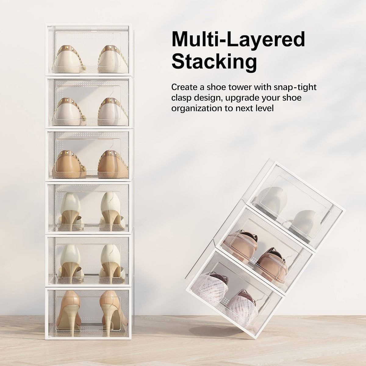 Large 12 Pack Shoe Storage Box,Clear Plastic Stackable Shoe Organizer,Space Saving Foldable Shoe Rack Sneaker Container