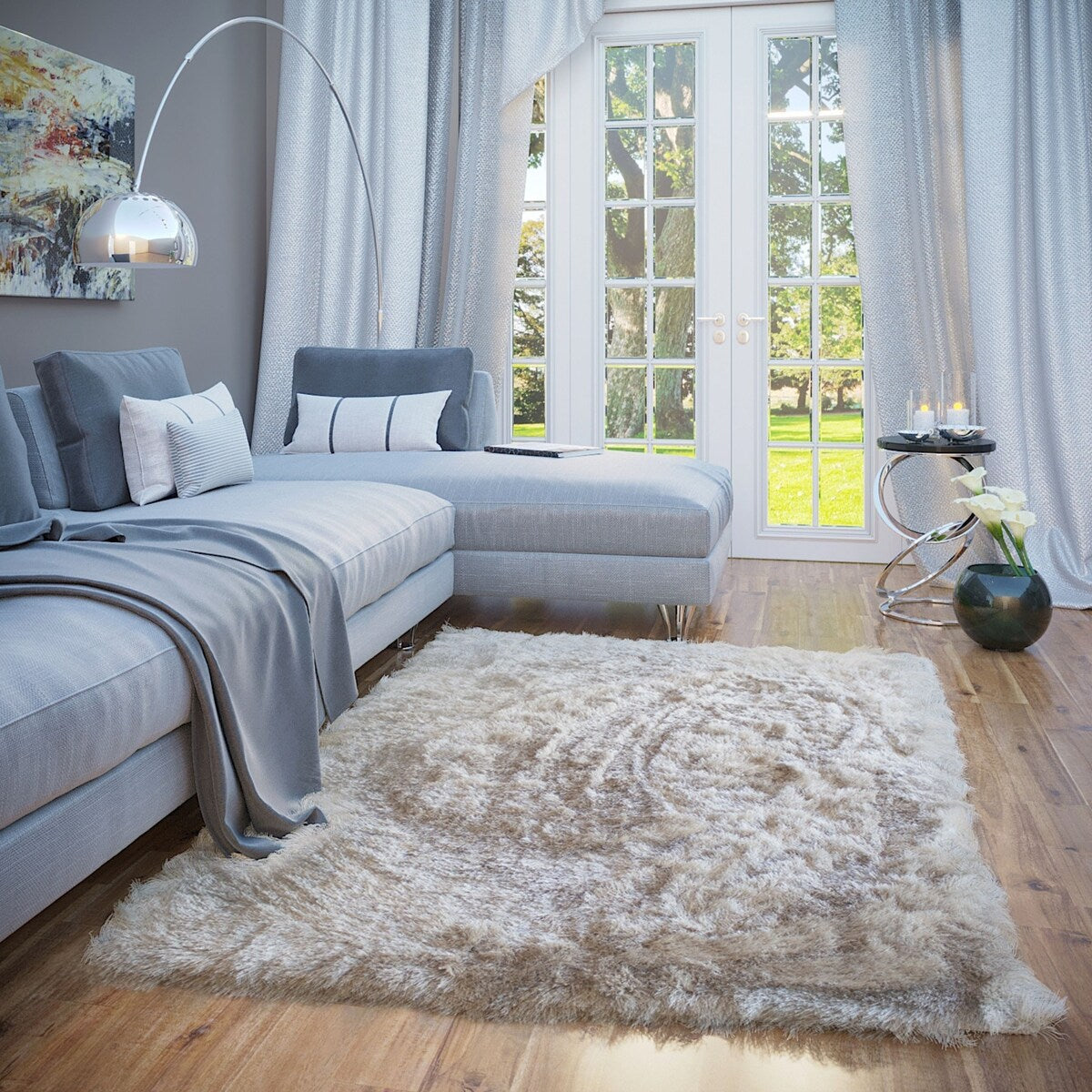Large Area Rug for Living Room Bedroom Solid Shag Beige Color - 5' x 8'