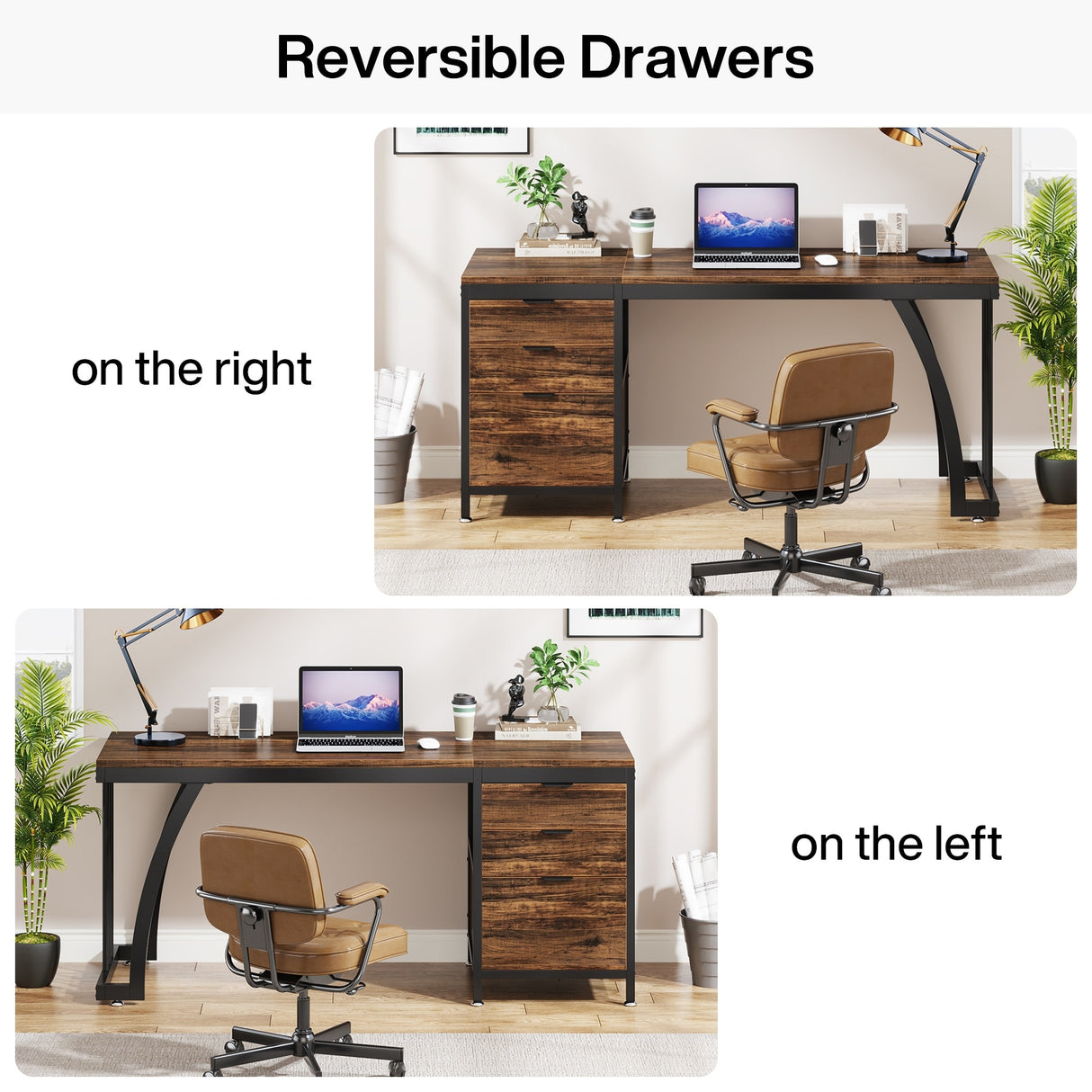 Large Computer Desk with Reversible Drawer Cabinet