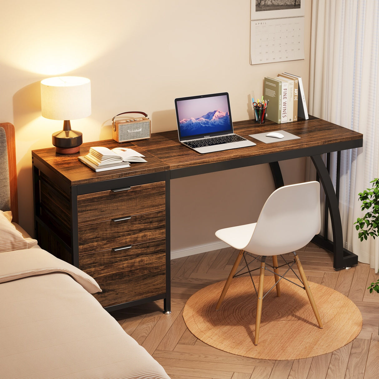 Large Computer Desk with Reversible Drawer Cabinet
