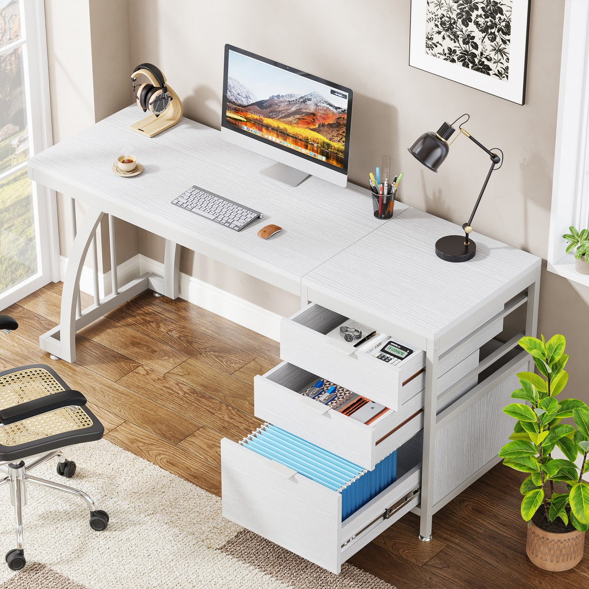 Large Computer Desk with Reversible Drawer Cabinet