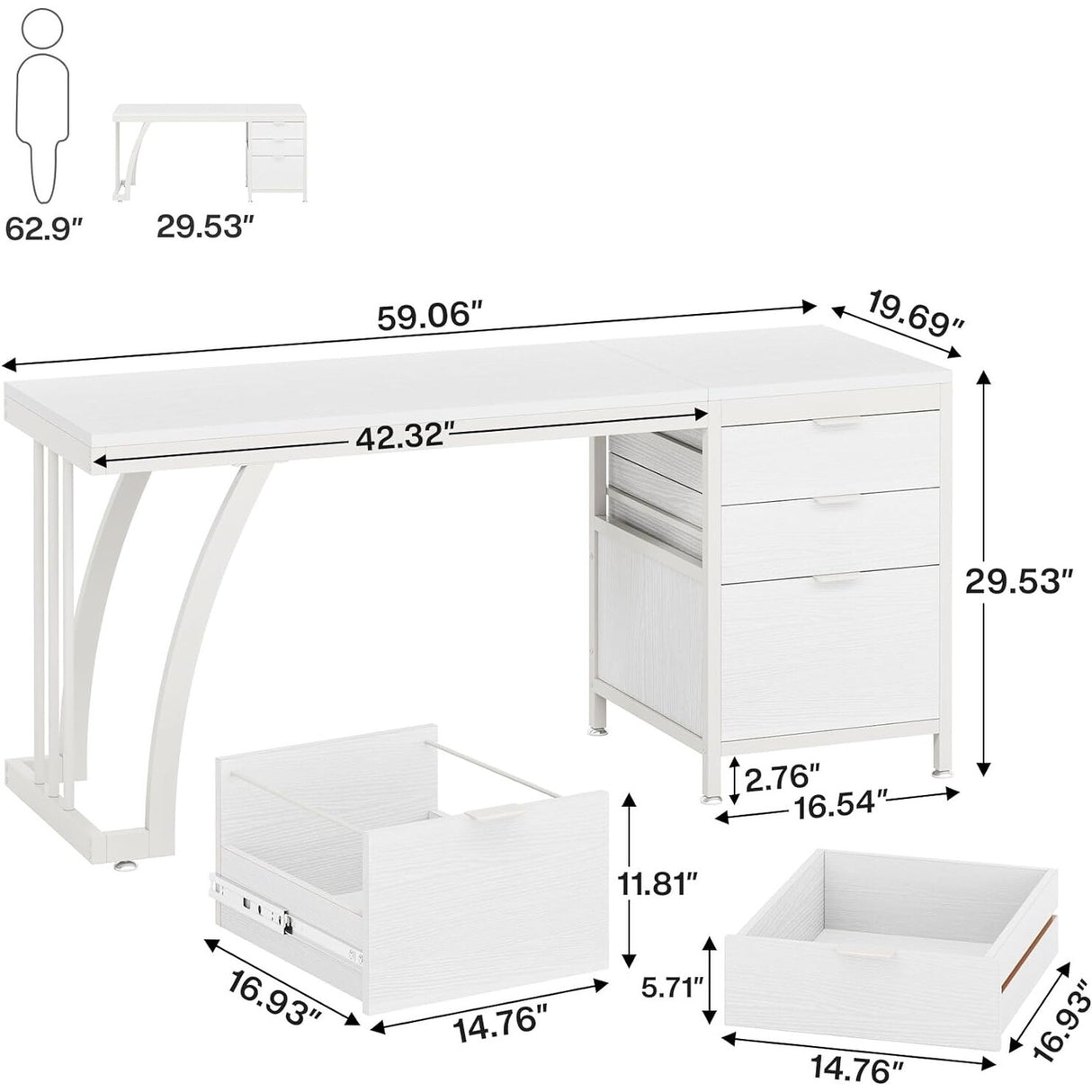 Large Computer Desk with Reversible Drawer Cabinet