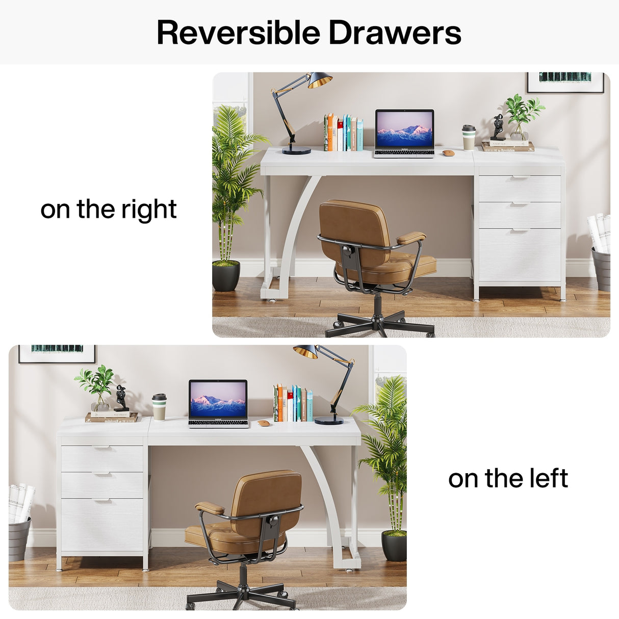 Large Computer Desk with Reversible Drawer Cabinet