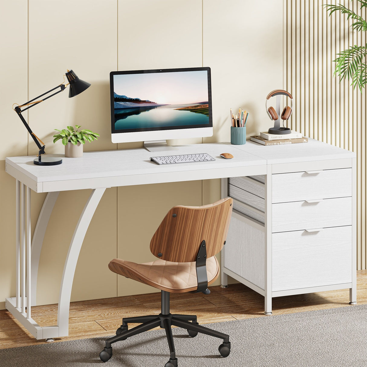 Large Computer Desk with Reversible Drawer Cabinet