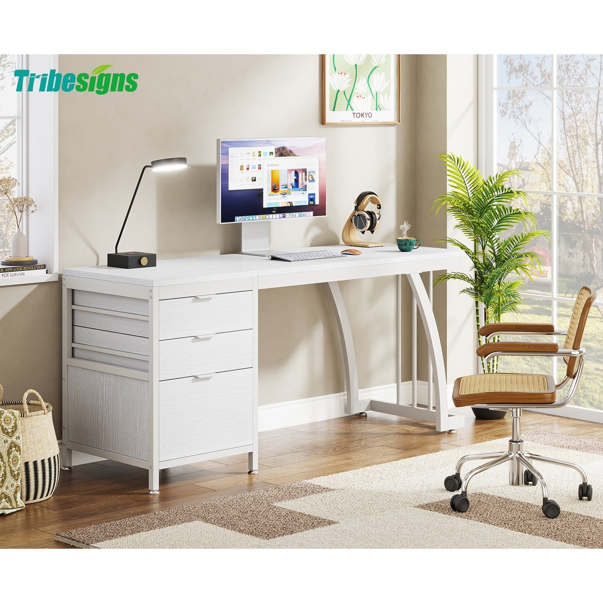 Large Computer Desk with Reversible Drawer Cabinet