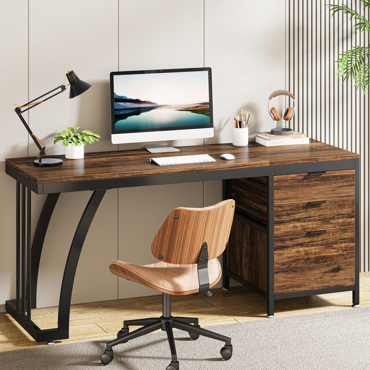 Large Computer Desk with Reversible Drawer Cabinet