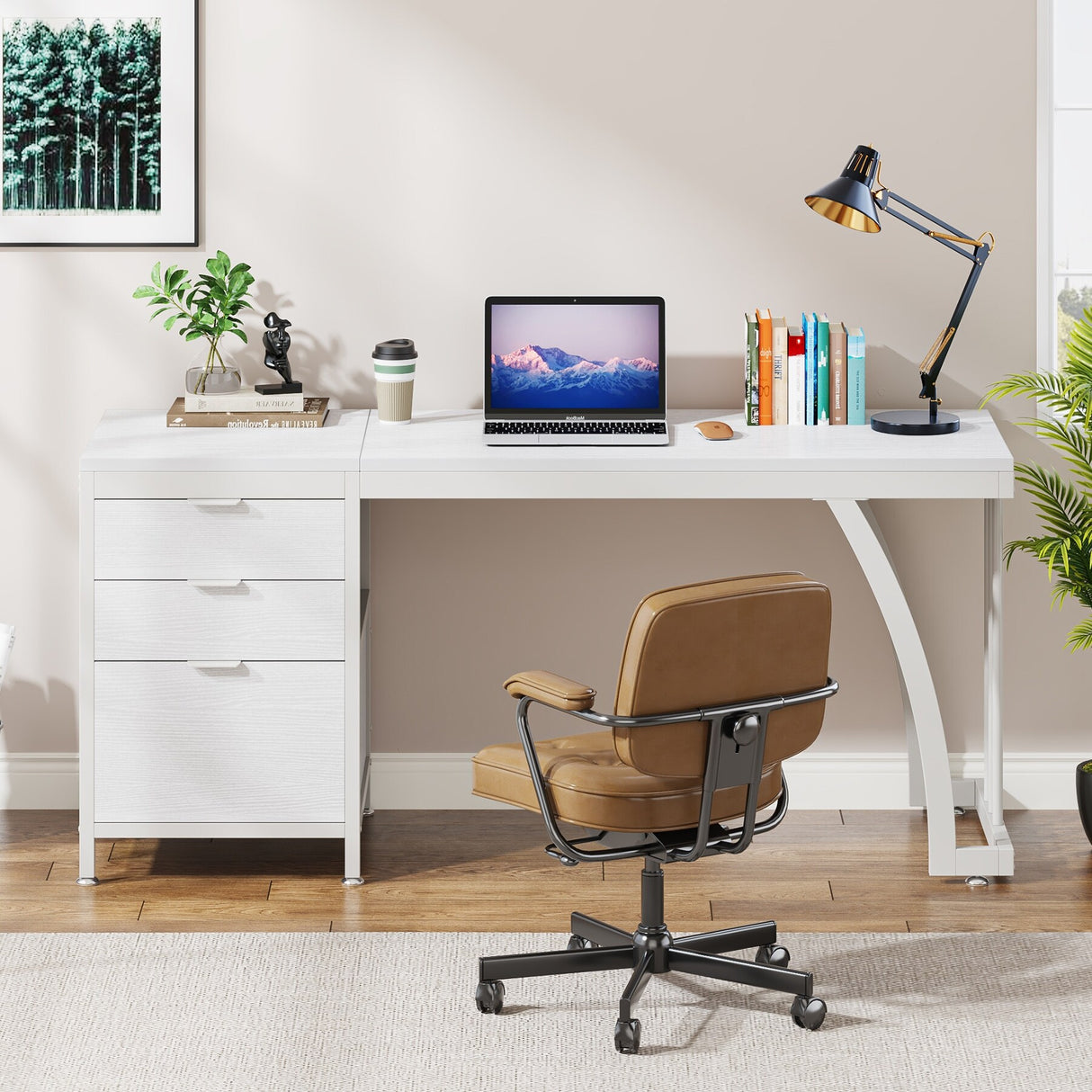 Large Computer Desk with Reversible Drawer Cabinet