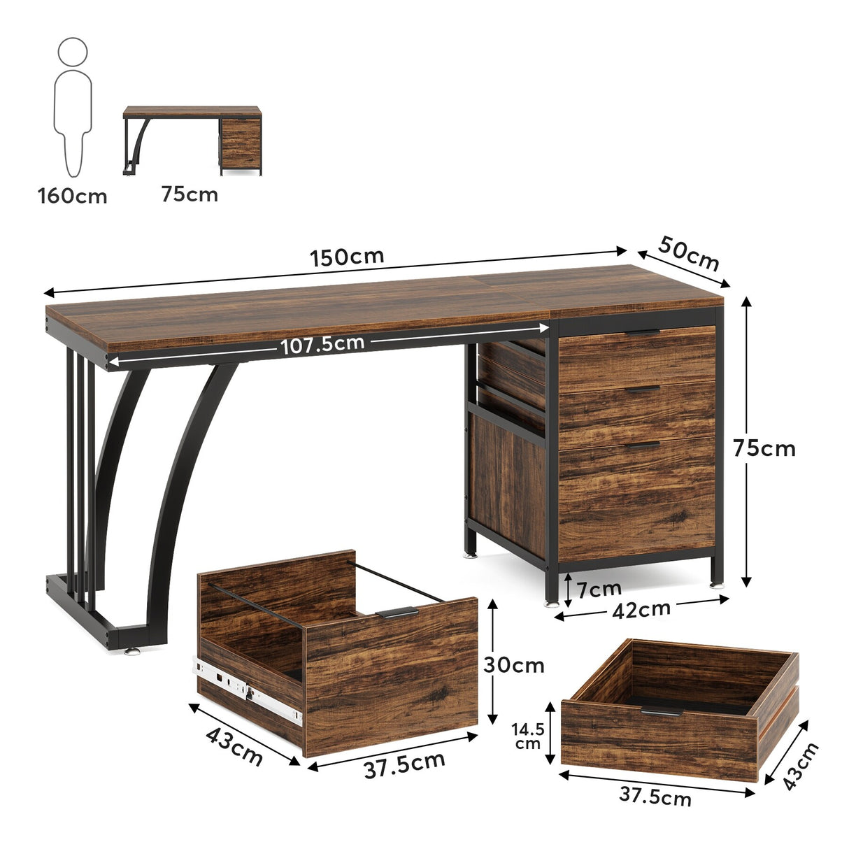 Large Computer Desk with Reversible Drawer Cabinet