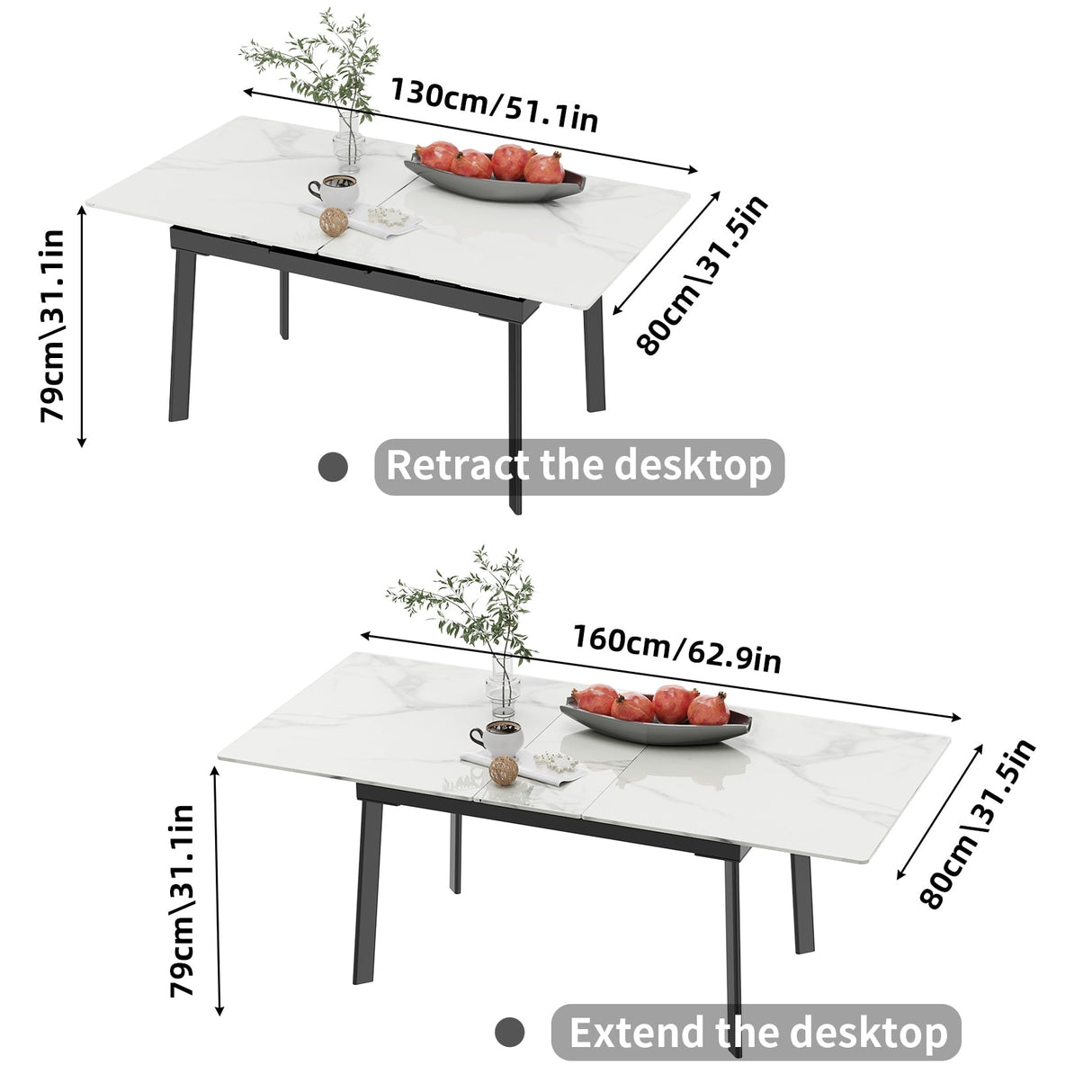 Large Extendable Kitchen Slate Dining Table Rectangular and Metal Legs