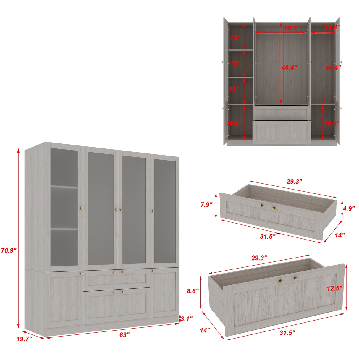 Large Glass Combination Cabinet: Contemporary Storage Closet Armoires