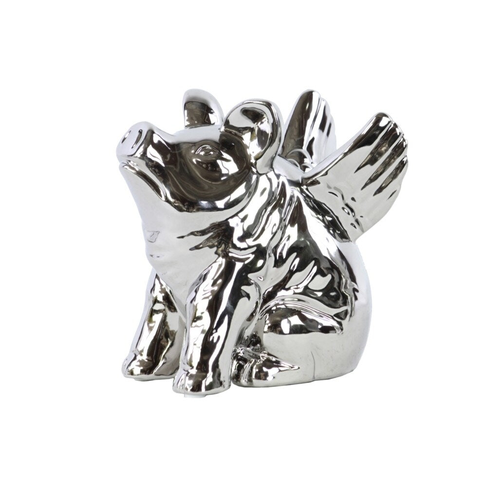 Large Glittering Winged Pig Figurine Sitting Down - Silver