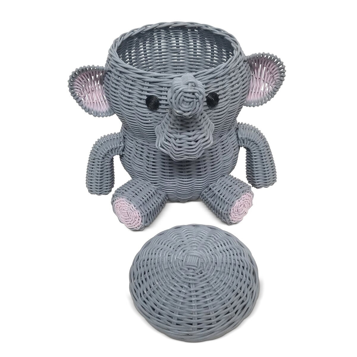 Large Gray Elephant Rattan Storage Basket With Lid Hand Woven Shelf Organizer Handmade Gift Wicker