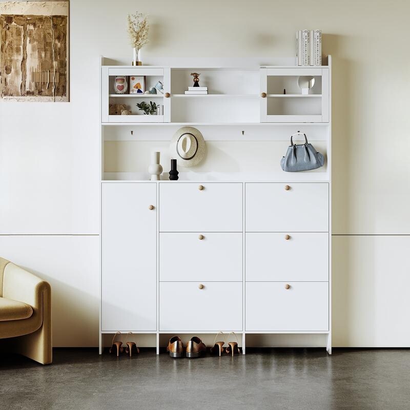 Large Hall Tree with Tempered Glass Door,Storage Shelf Flip Drawers,Foyer Cabinet with 4 Hooks for Hallway