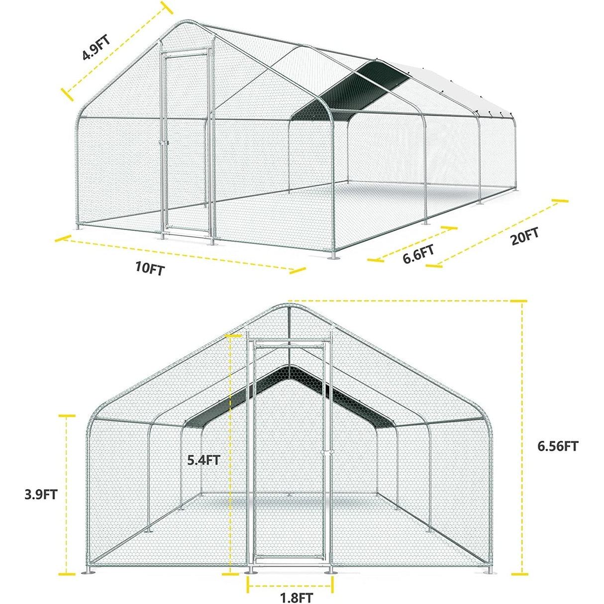 Large Metal Chicken Coop Run with Waterproof Cover - 20’L x 10’W x 6.56’