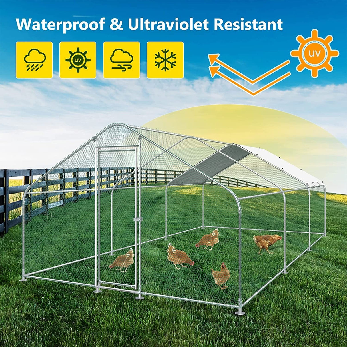 Large Metal Chicken Coop Run with Waterproof Cover - 20’L x 10’W x 6.56’