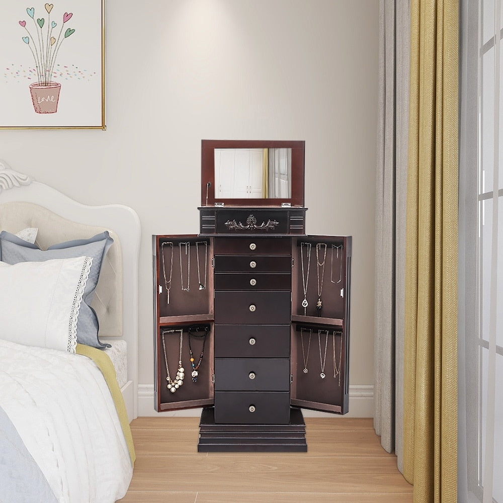 Large Mirror Jewelry Armoire Front Storage Chest Stand Organizer with 8 Drawers