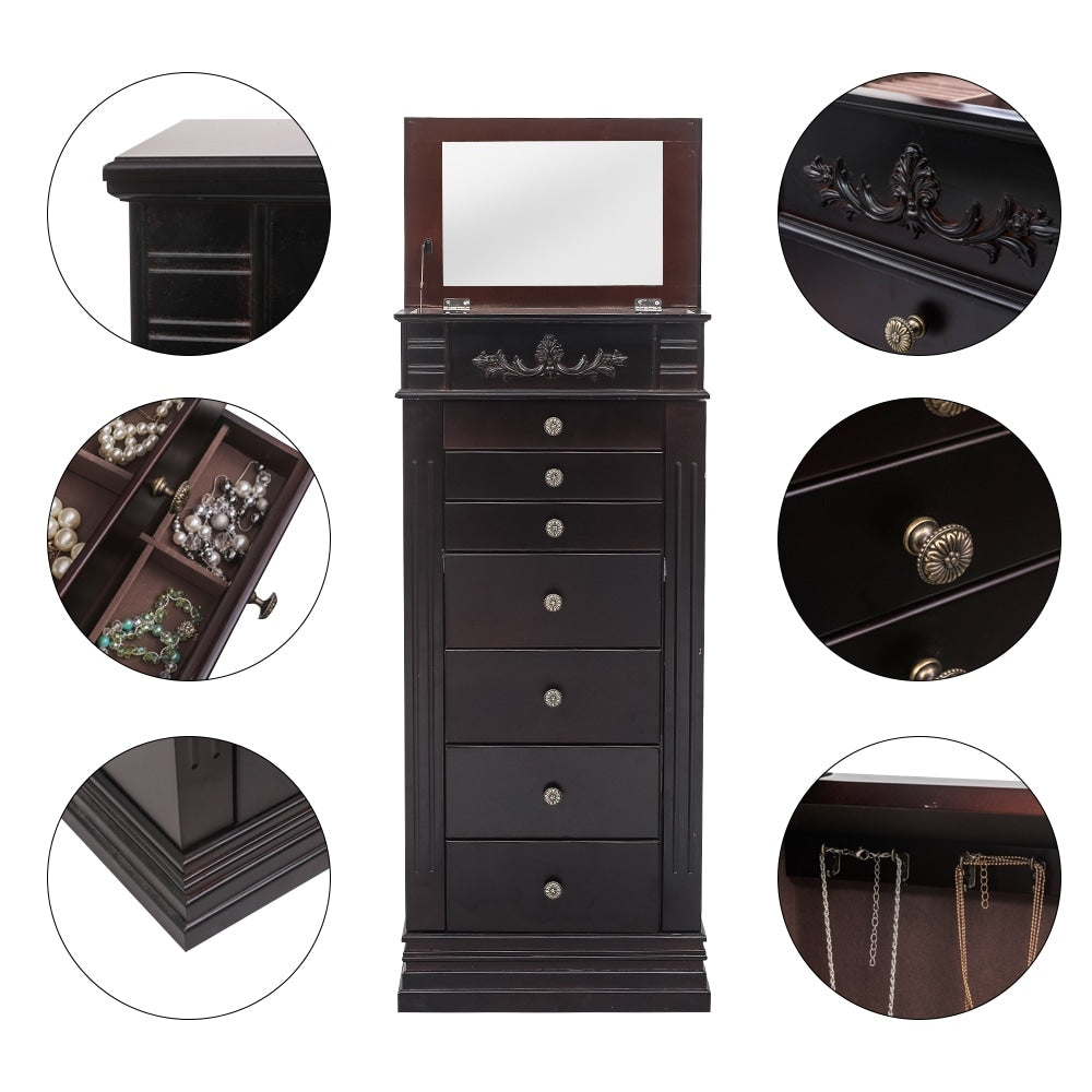 Large Mirror Jewelry Armoire Front Storage Chest Stand Organizer with 8 Drawers