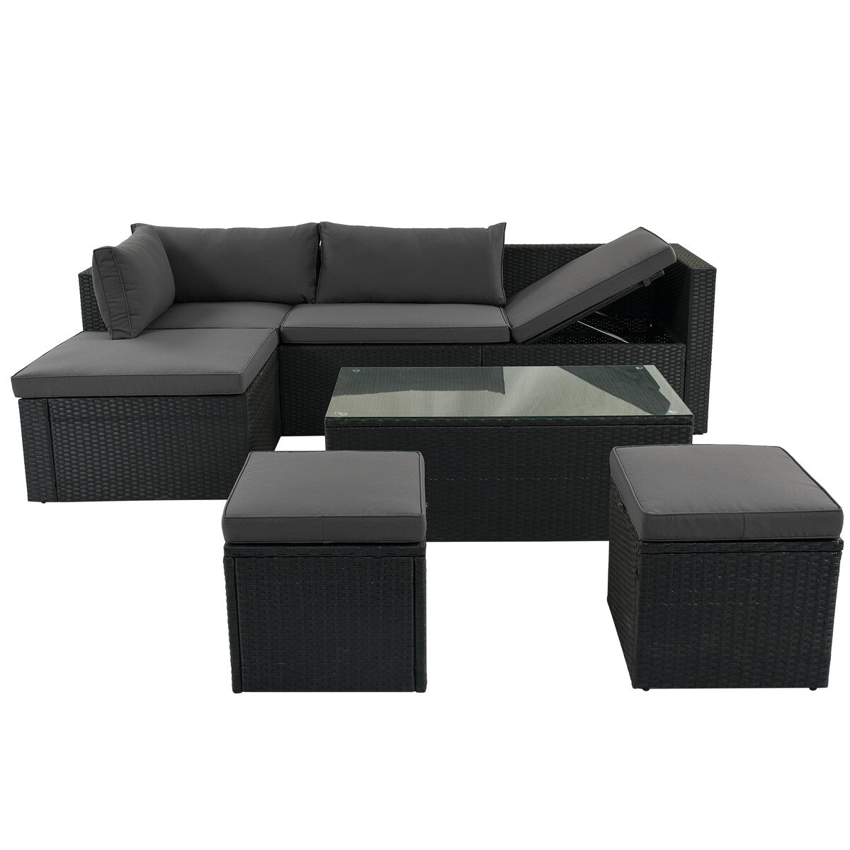 Large Outdoor PE Rattan Wicker Sectional Sofa Set, 5-Piece Movable Cushion Lounger Couch