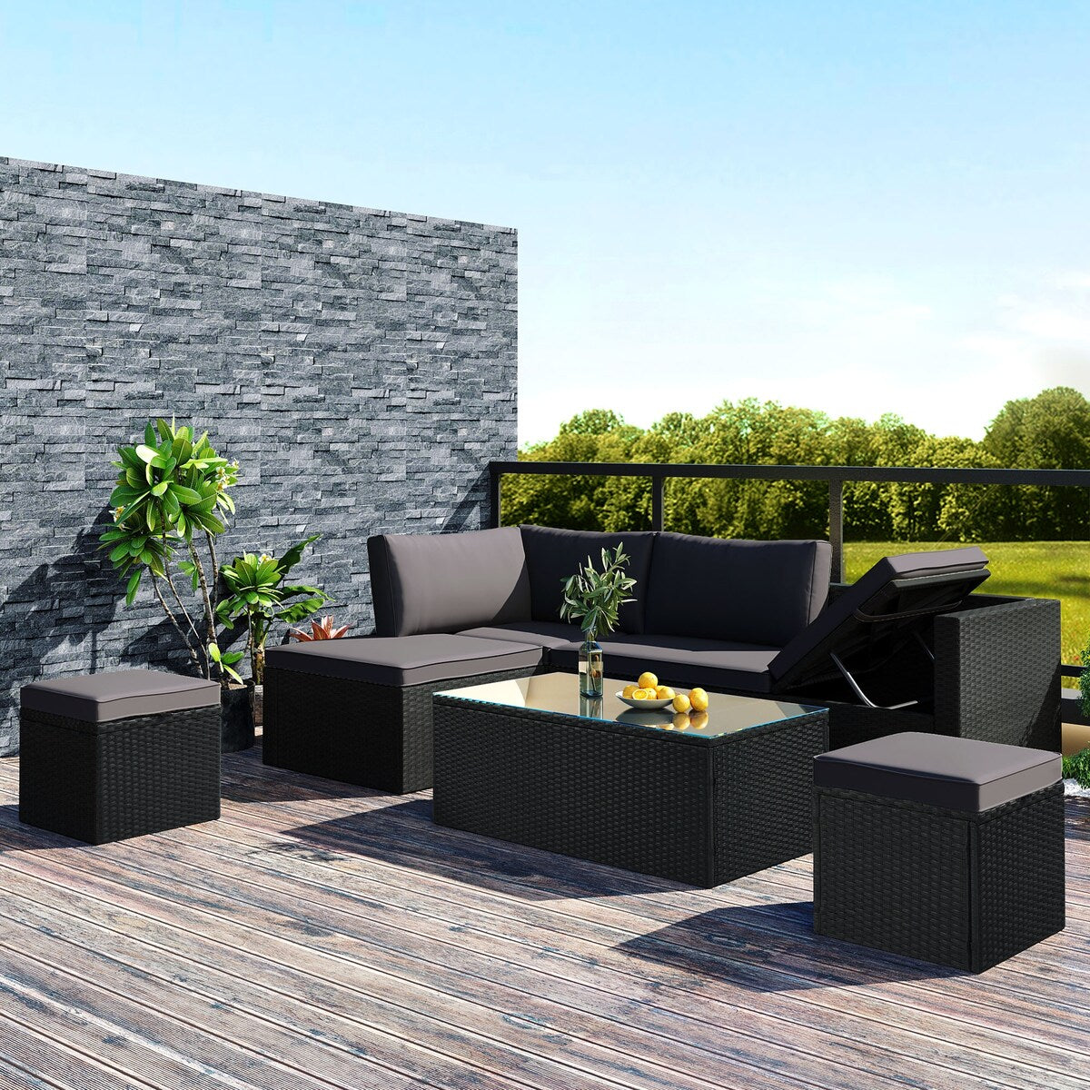 Large Outdoor PE Rattan Wicker Sectional Sofa Set, 5-Piece Movable Cushion Lounger Couch