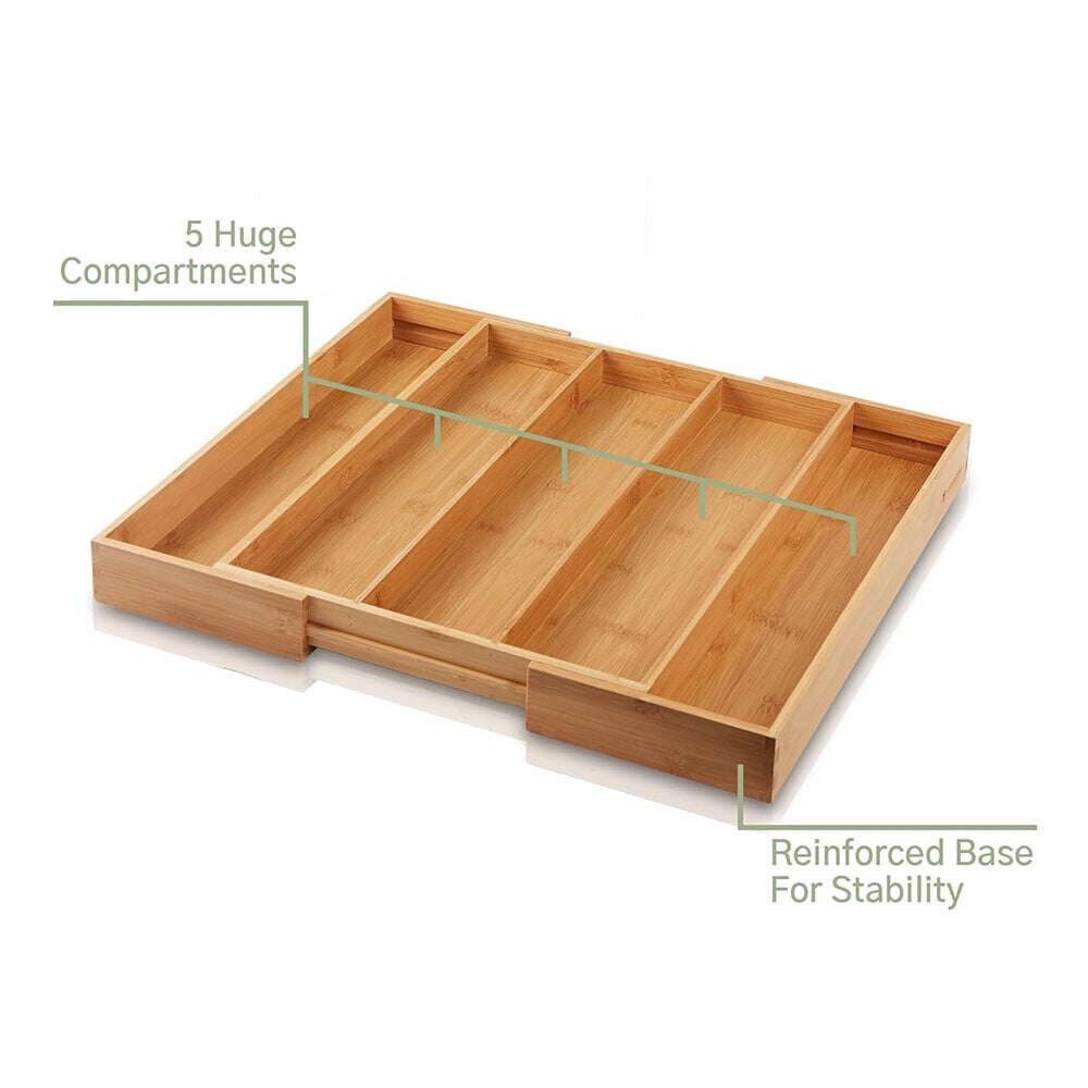 Large Premium Bamboo Silverware Organizer - 17.5"x19.75" Cutlery Tray with Dividers for Utensils and Flatware (3-5 Slots)