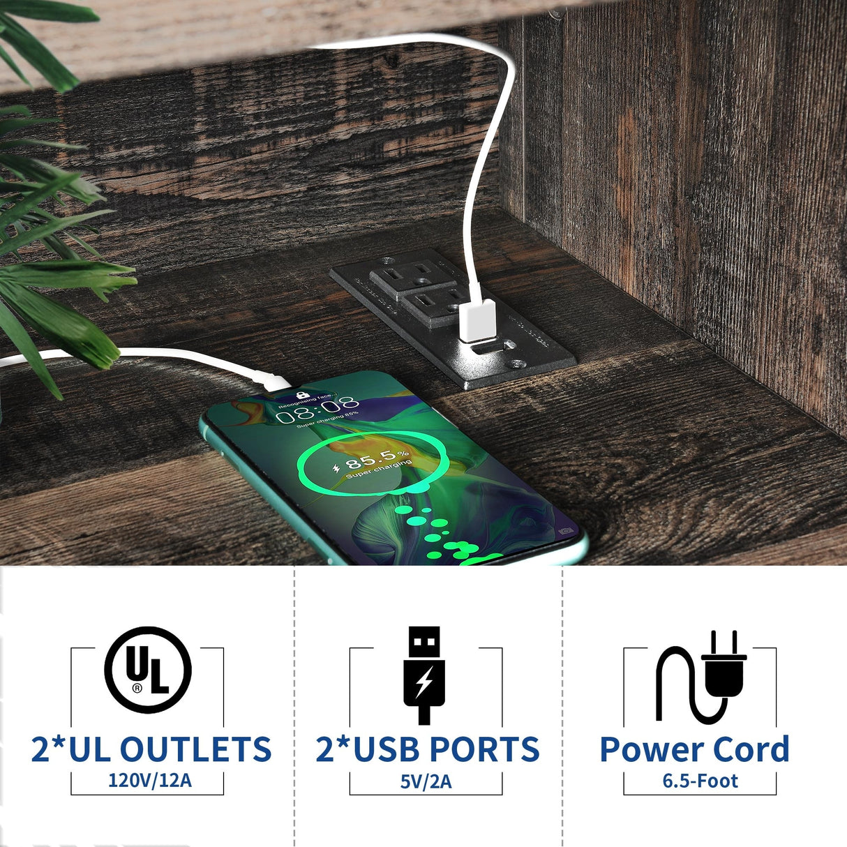 Large Record Player Stand with Power Outlets and LED Lights Turntable Stand