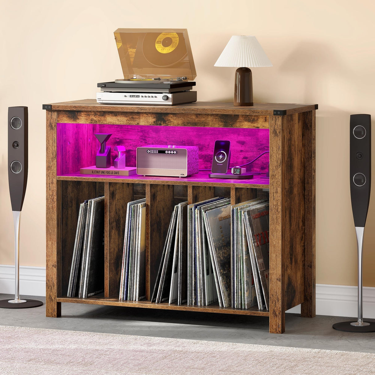 Large Record Player Stand with Power Outlets and LED Lights Turntable Stand