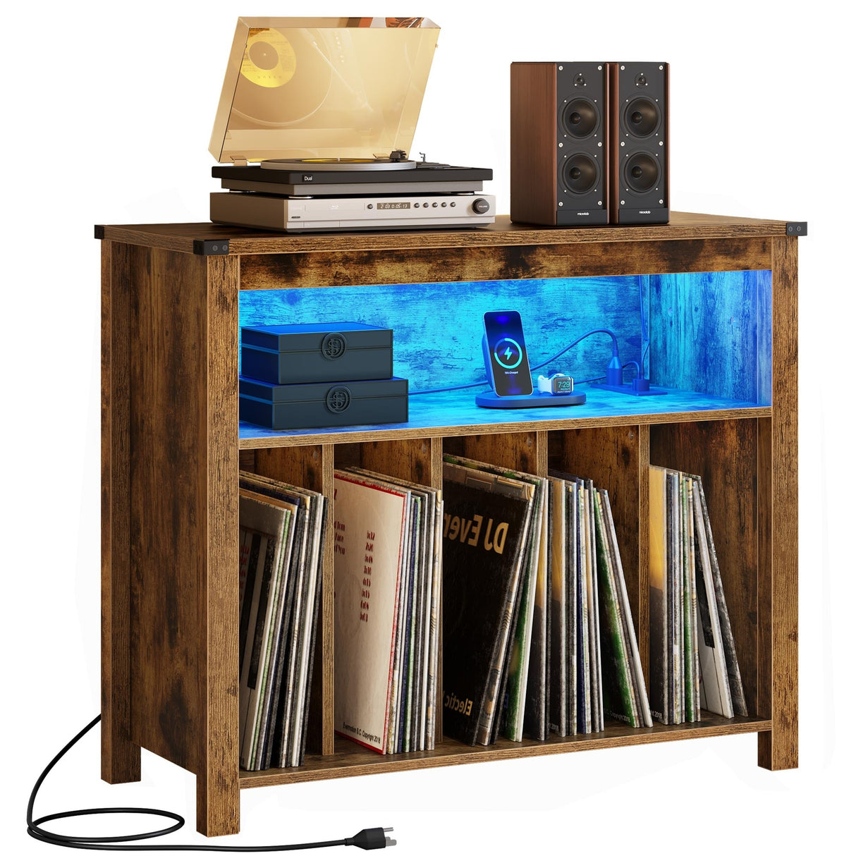 Large Record Player Stand with Power Outlets and LED Lights Turntable Stand