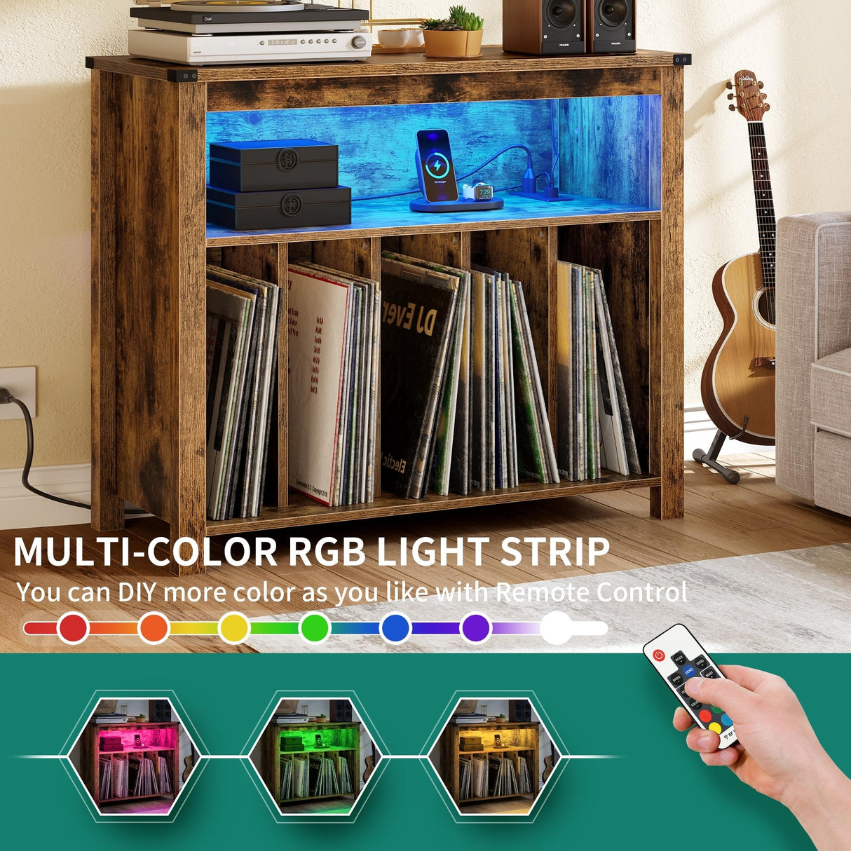 Large Record Player Stand with Power Outlets and LED Lights Turntable Stand