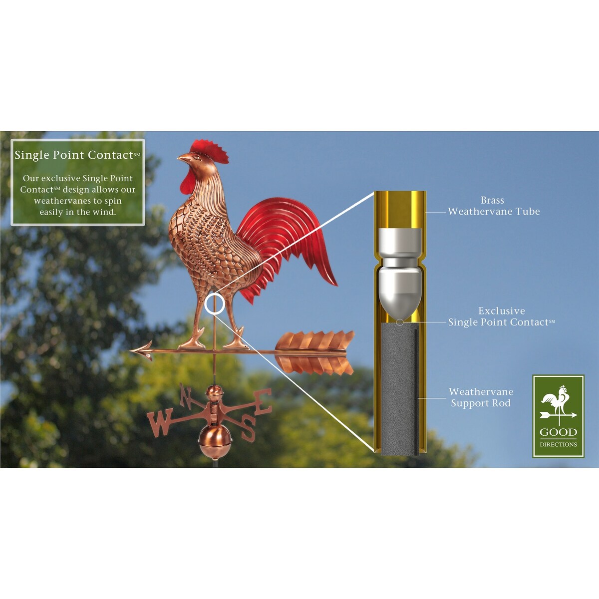 Large Rooster Weathervane - Pure Copper Hand Finished Multi-Color Patina by Good Directions