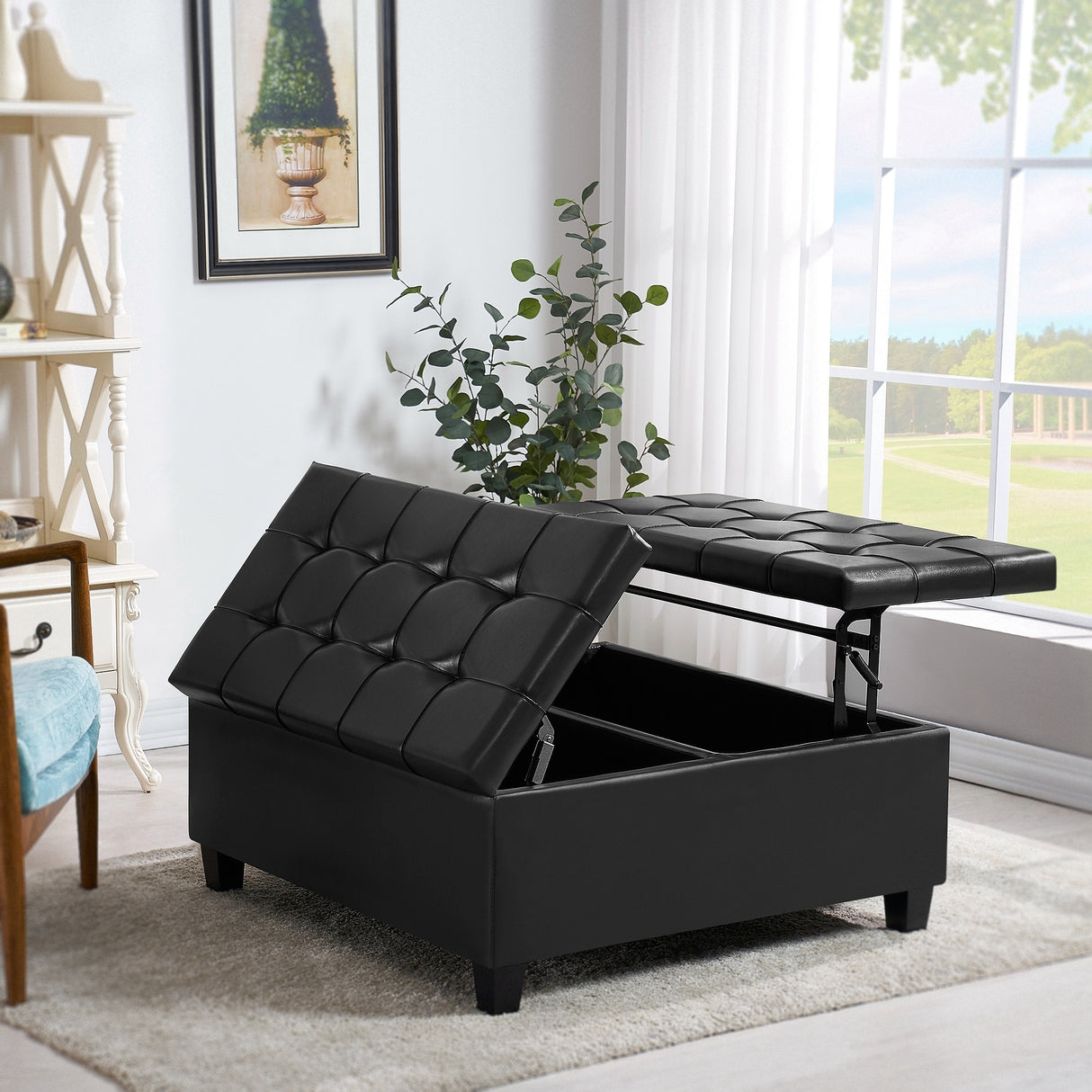 Large Square Faux Leather Storage Ottoman for Living Room & Bedroom