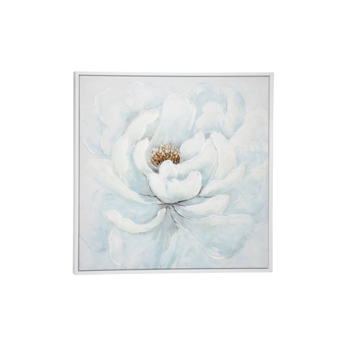 Large Square White Peony Flower Acrylic Painting in Silver Frame 39.5 x 39.5 - 40 x 2 x 40