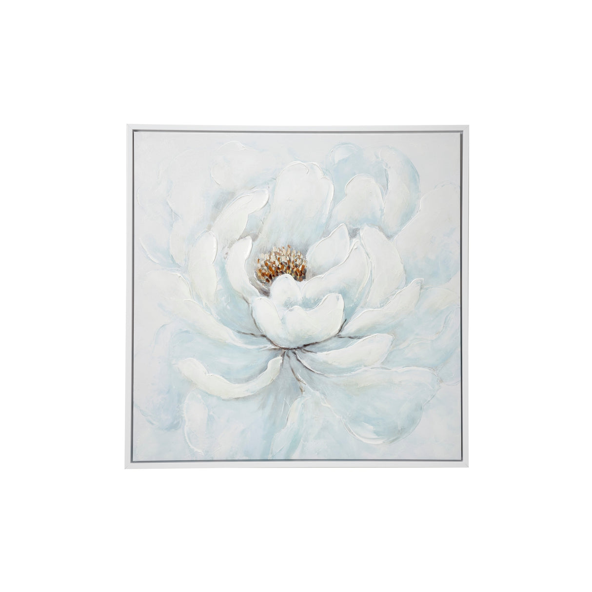 Large Square White Peony Flower Acrylic Painting in Silver Frame 39.5 x 39.5 - 40 x 2 x 40