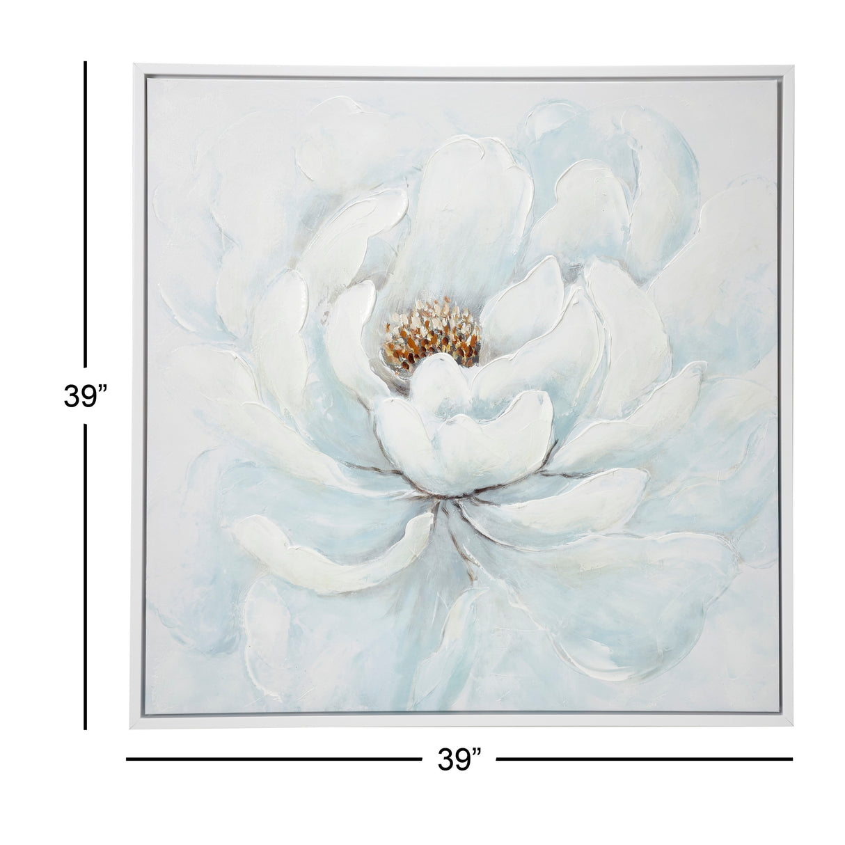 Large Square White Peony Flower Acrylic Painting in Silver Frame 39.5 x 39.5 - 40 x 2 x 40