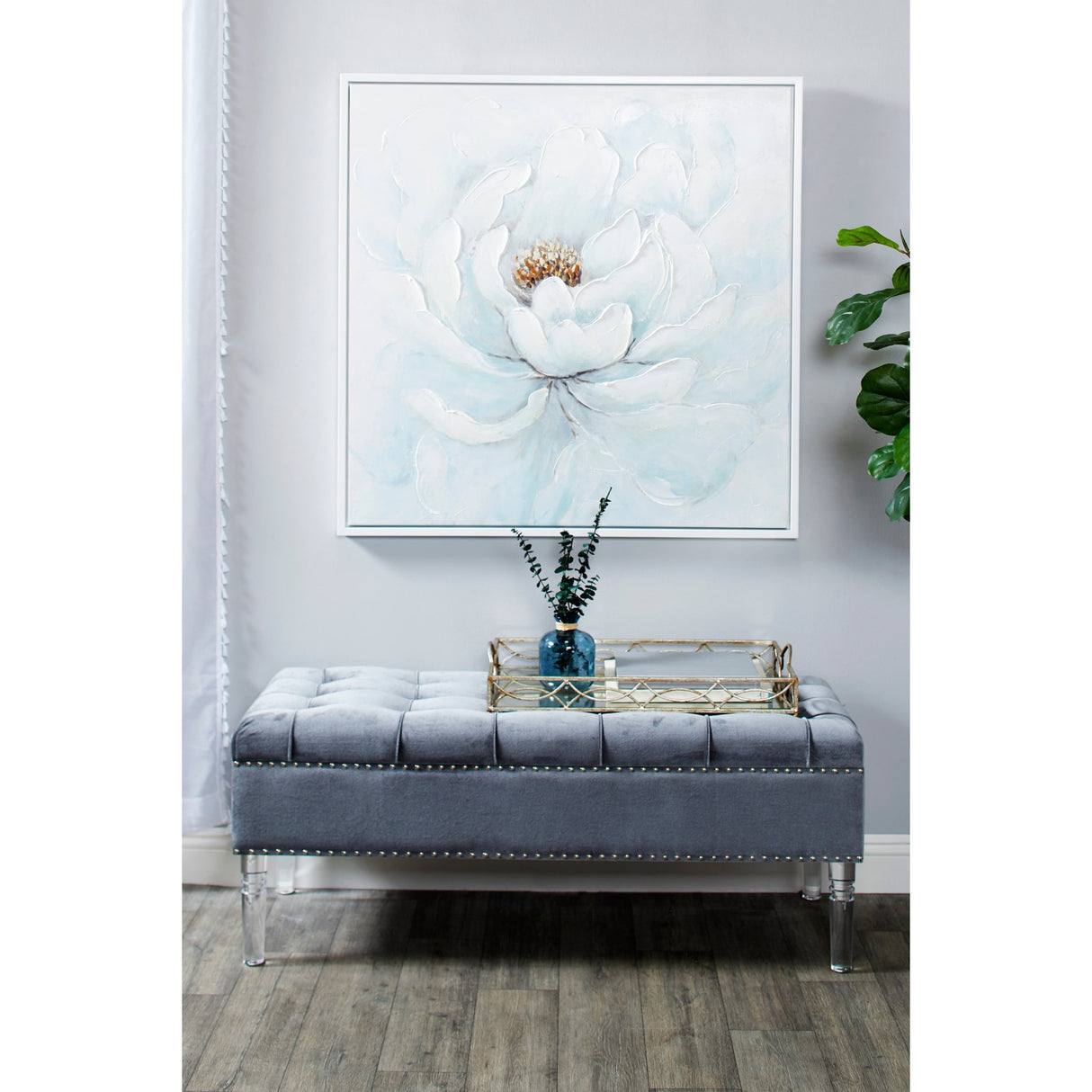 Large Square White Peony Flower Acrylic Painting in Silver Frame 39.5 x 39.5 - 40 x 2 x 40