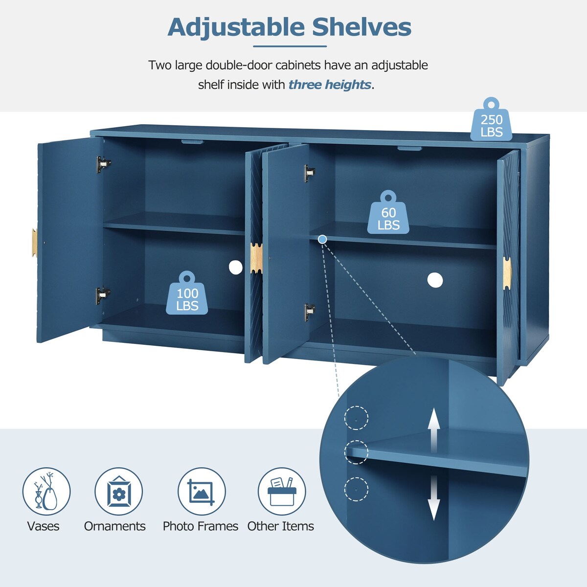 Large Storage Cabinet Sideboard Buffet Cabinet with Wooden Triangular Handles and Adjustable Shelves for Living Dining Room
