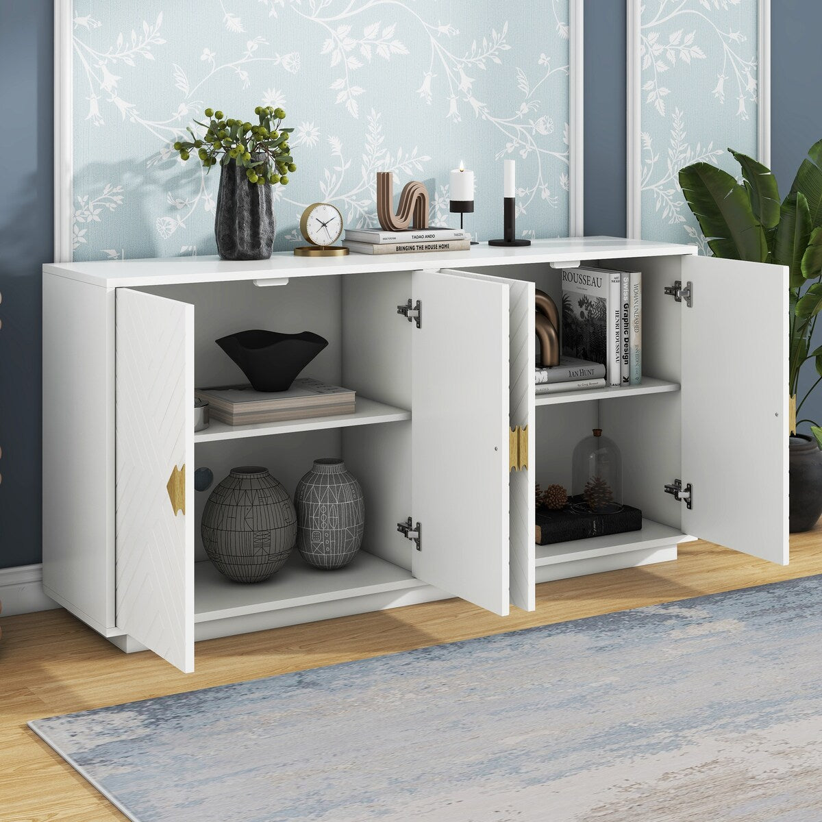 Large Storage Cabinet Sideboard Buffet Cabinet with Wooden Triangular Handles and Adjustable Shelves for Living Dining Room