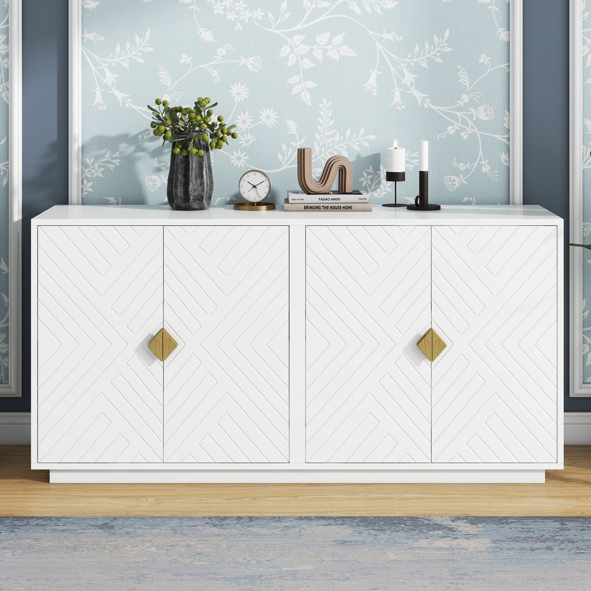 Large Storage Cabinet Sideboard Buffet Cabinet with Wooden Triangular Handles and Adjustable Shelves for Living Dining Room