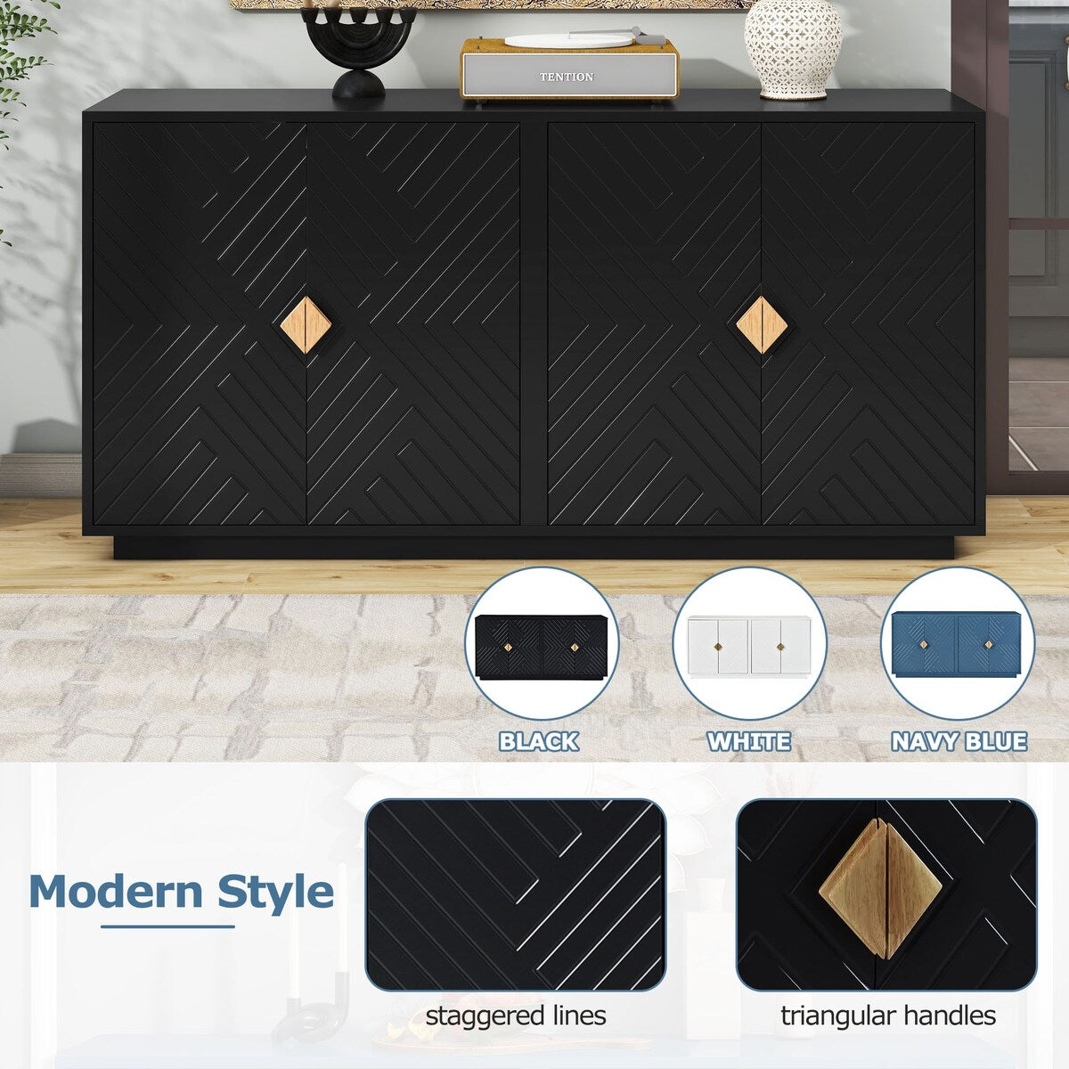 Large Storage Cabinet Sideboard Buffet Cabinet with Wooden Triangular Handles and Adjustable Shelves for Living Dining Room